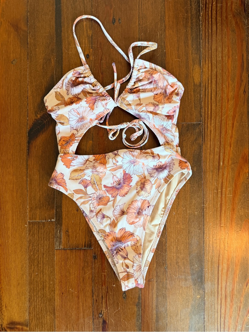 Like New Shade & Shore Ribbed Cut Out Lace Up Floral Underwire One Piece - 34 C